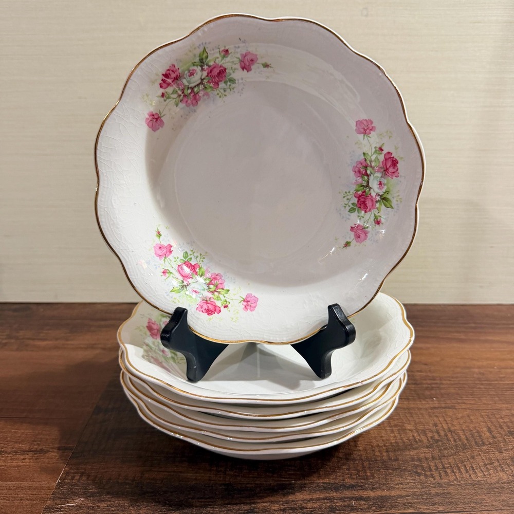 6 Smith Phillips Rimmed Soup Bowls 7.5" Pink Rose Princess Porcelain Gold Trim